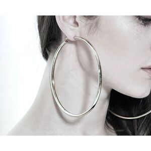 NWT Huge 3.55”D Large Oversized Silver Shinny Polished Round Thick Hoops earring